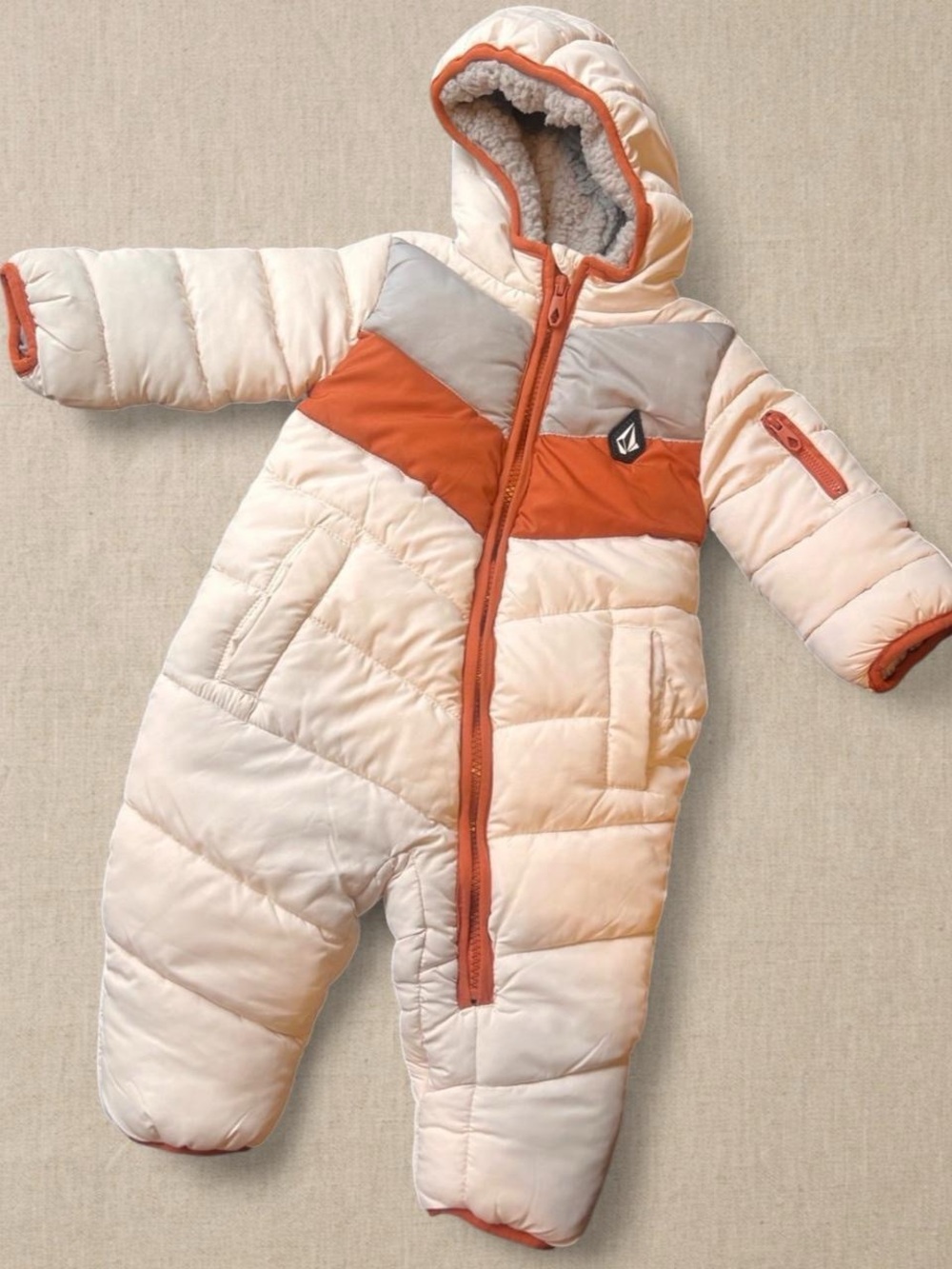 Infant Hooded Puffer Snowsuit with Burnt Orange Accent